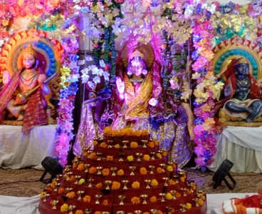 Floral Mata Ki Chowki darbar with marigold offerings
